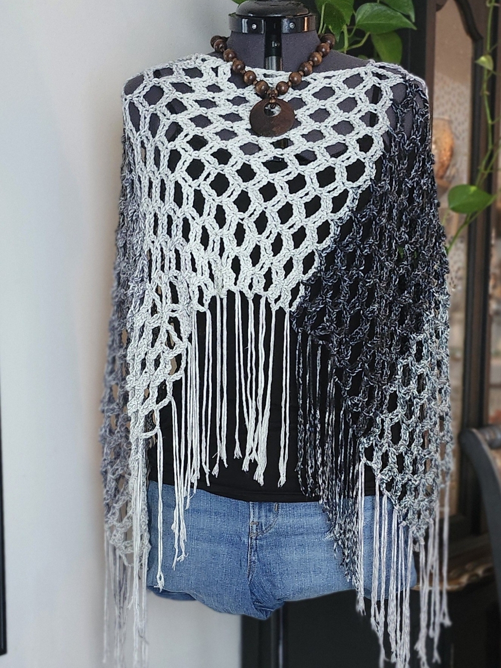 Two-Tone Crochet Fringe Poncho Shrug - Black & Light Gray Distressed
